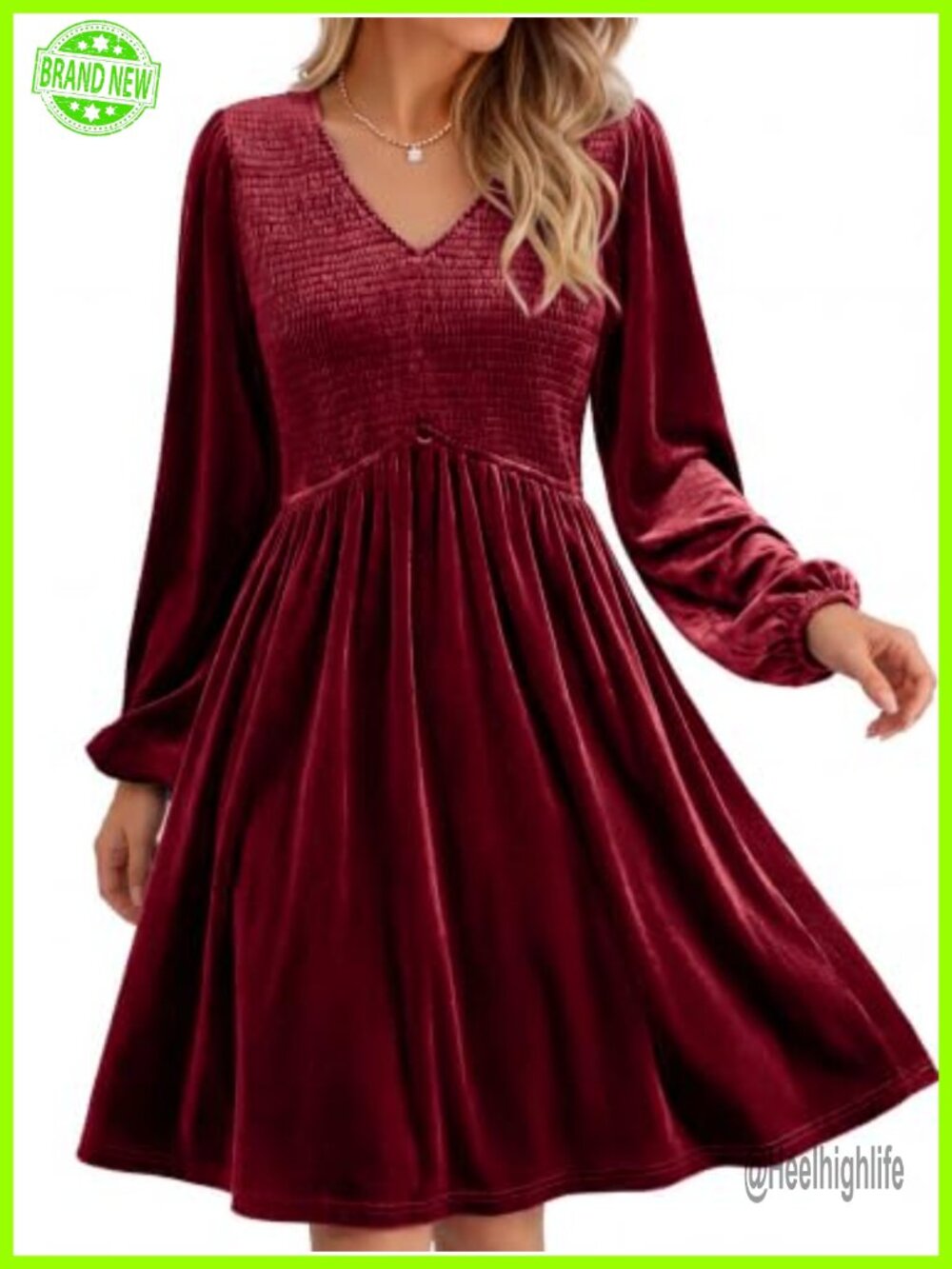 V-Neck Long Sleeve Velvet Mini Dress with Smocked Waist